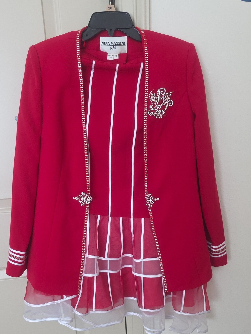 Massini Red Rhinestone-Trim Open-Front Blazer with Sheer Tiered Hem